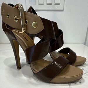 Michael Antonio 4” Size 6 Brown and Tan Strappy Patent High Heels Gold Buckle
